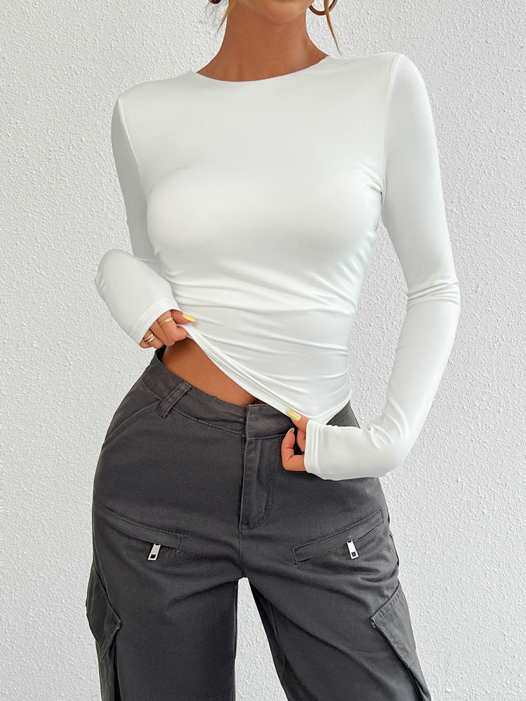 Open Back Long Sleeve Fitted Crop Top - White