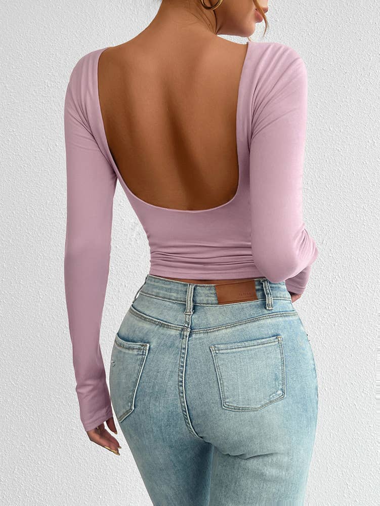 Open Back Long Sleeve Fitted Crop Top