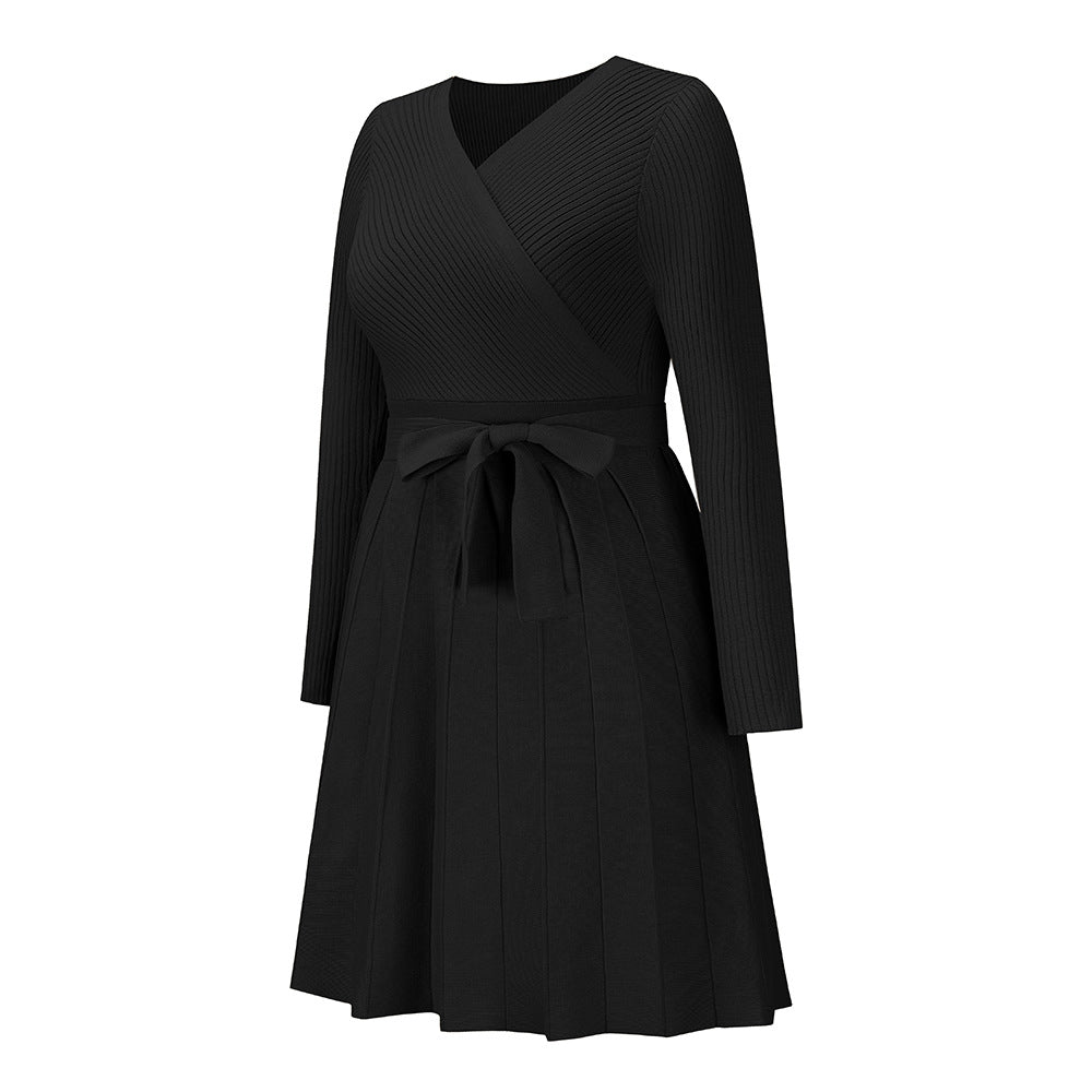 Surplice Wrap Pleated Knit Sweater Dress - Black