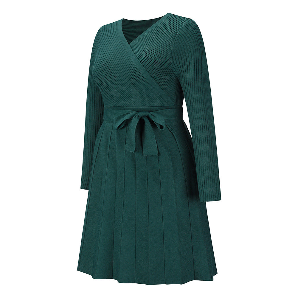 Surplice Wrap Pleated Knit Sweater Dress - Green