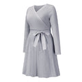 Surplice Wrap Pleated Knit Sweater Dress - Grey
