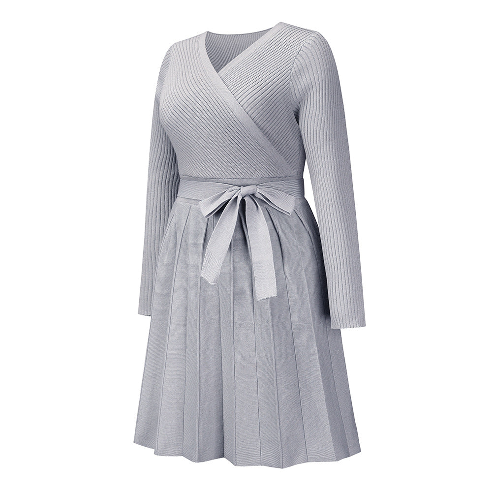 Surplice Wrap Pleated Knit Sweater Dress - Grey