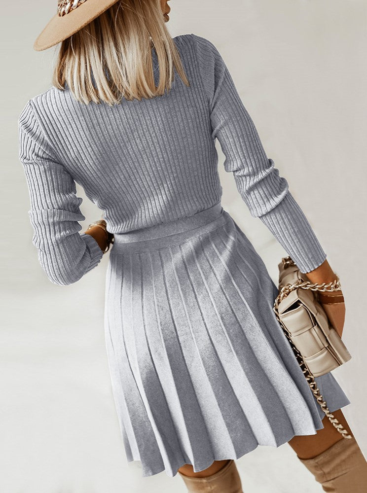 Surplice Wrap Pleated Knit Sweater Dress - Grey - 1