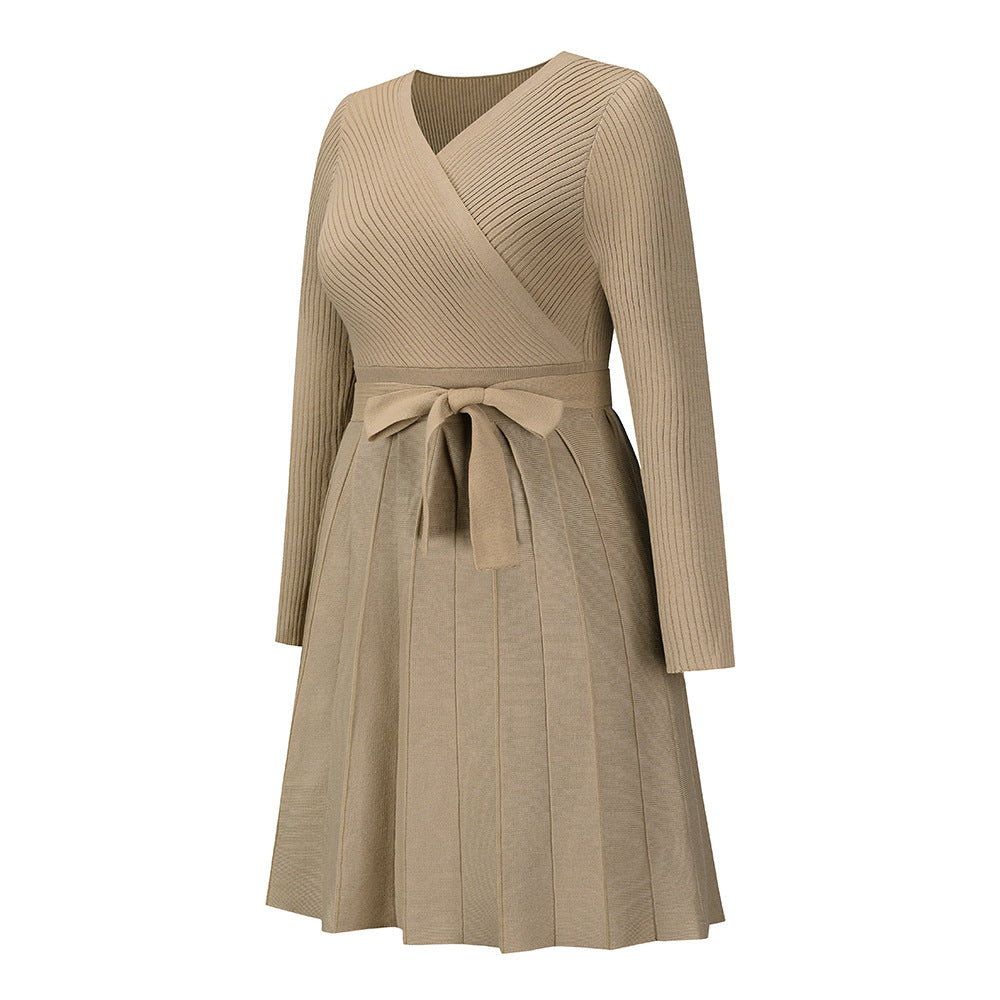 Surplice Wrap Pleated Knit Sweater Dress - Khaki