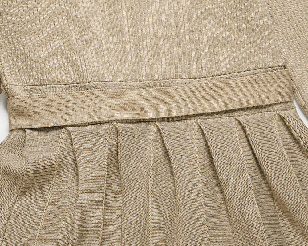 Surplice Wrap Pleated Knit Sweater Dress - Khaki - 1