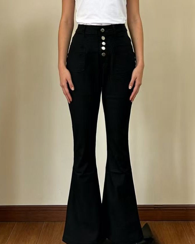 High Waist Button Fly Flare Jeans - Black
