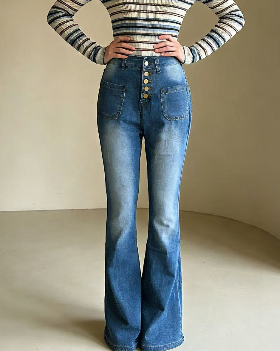 High Waist Button Fly Flare Jeans - Light-Blue
