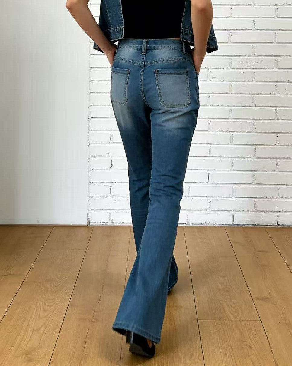 High Waist Button Fly Flare Jeans - Light-Blue - 1