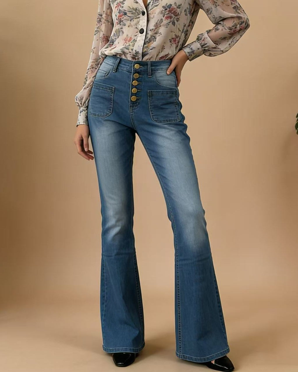 High Waist Button Fly Flare Jeans - Light-Blue - 2