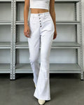 High Waist Button Fly Flare Jeans - White
