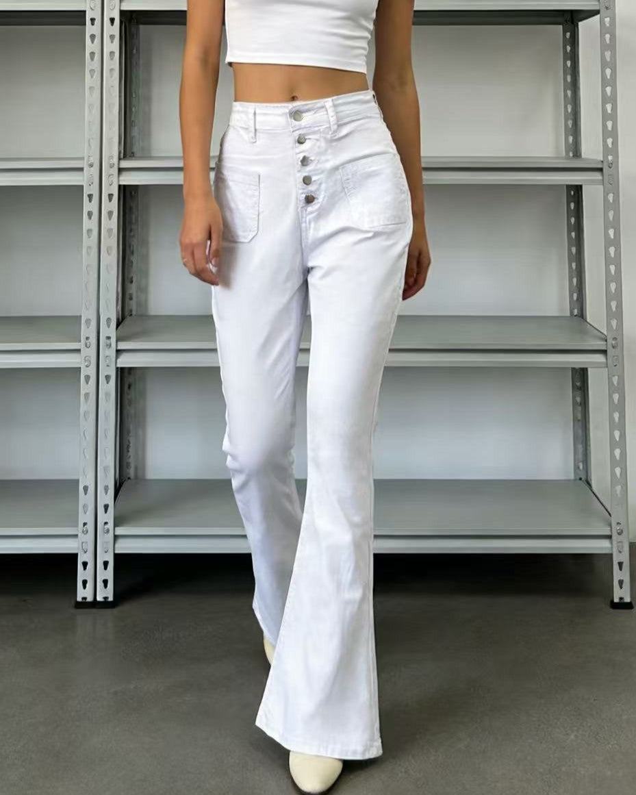 High Waist Button Fly Flare Jeans - White