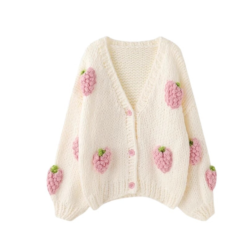 Strawberry Crochet Chunky Knit Sweater - Pink