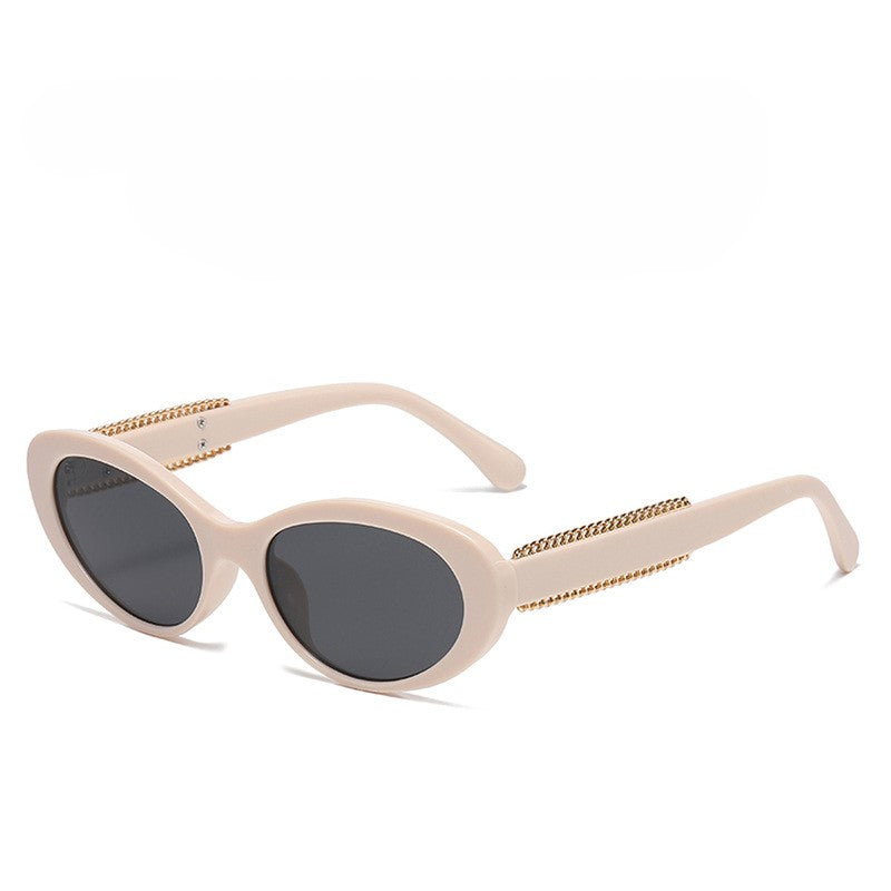 Chain Detail Temple Oval Sunglasses - Beige