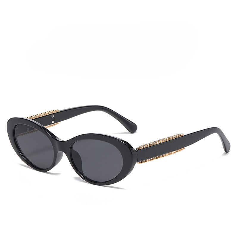 Chain Detail Temple Oval Sunglasses - Black-1