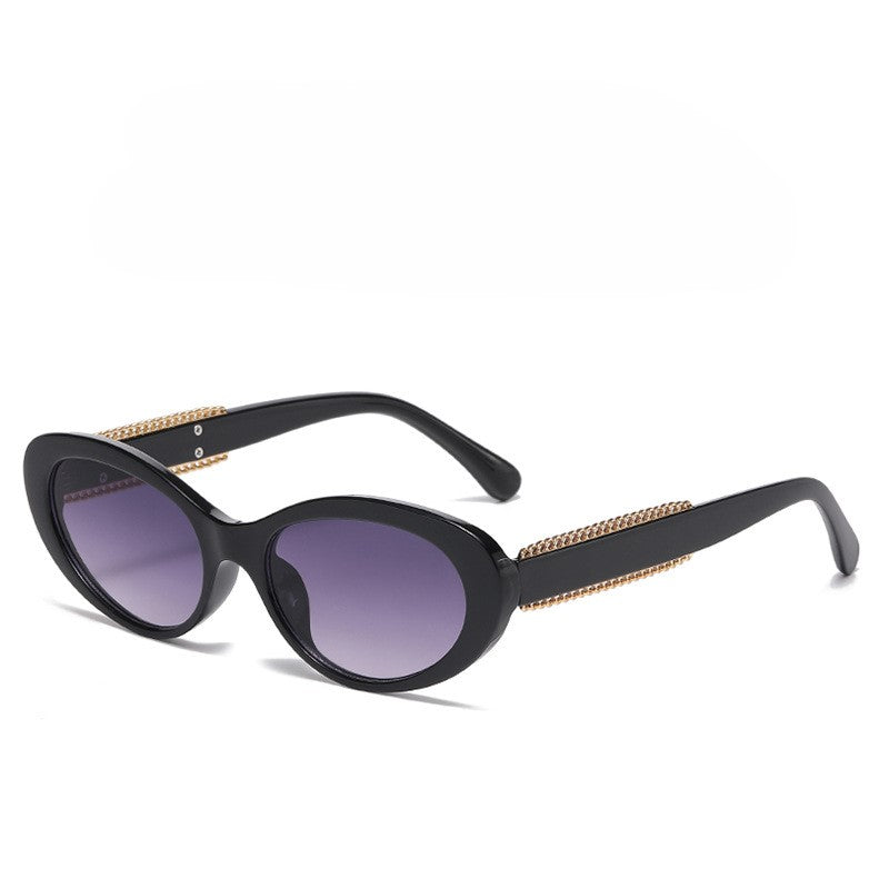 Chain Detail Temple Oval Sunglasses - Black-2