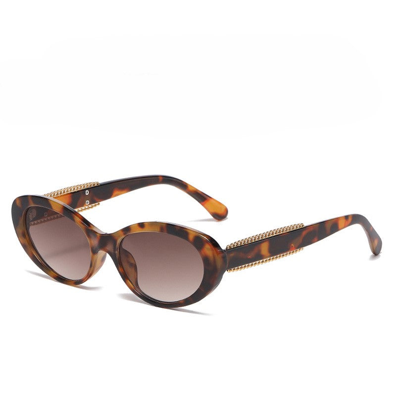 Chain Detail Temple Oval Sunglasses - Brown