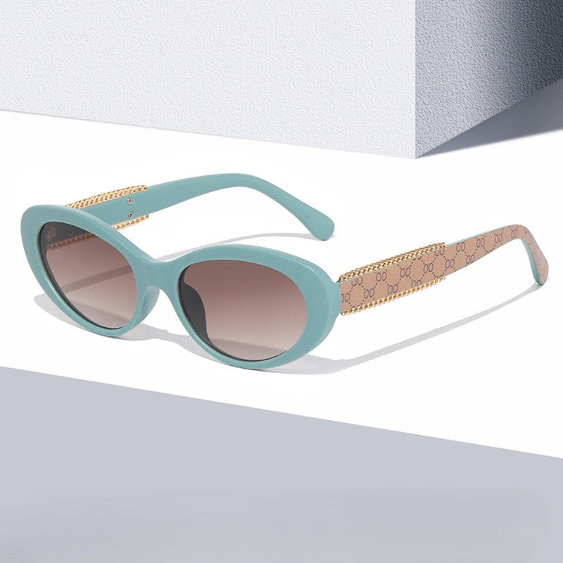 Chain Detail Temple Oval Sunglasses - Green