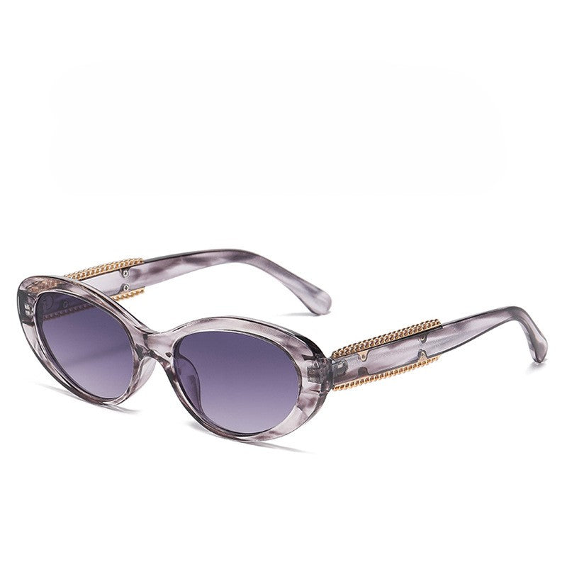 Chain Detail Temple Oval Sunglasses - Grey