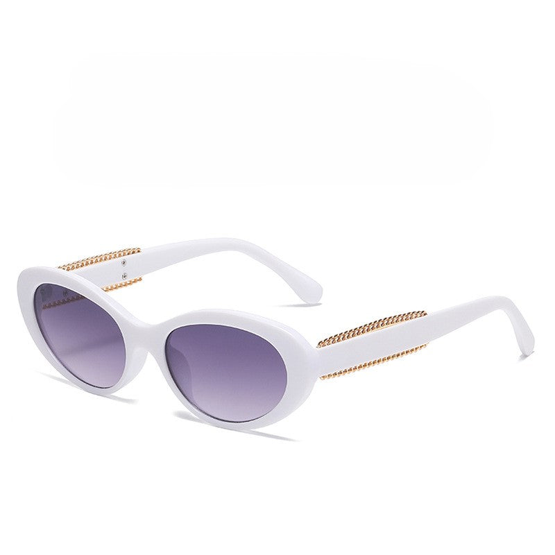 Chain Detail Temple Oval Sunglasses - White
