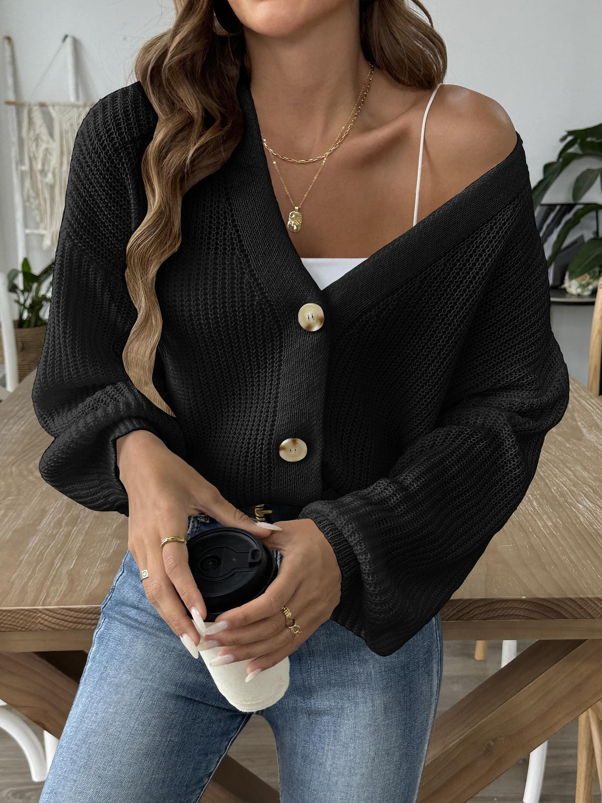 Slouchy Button Front Cropped Ribbed Cardigan - Black
