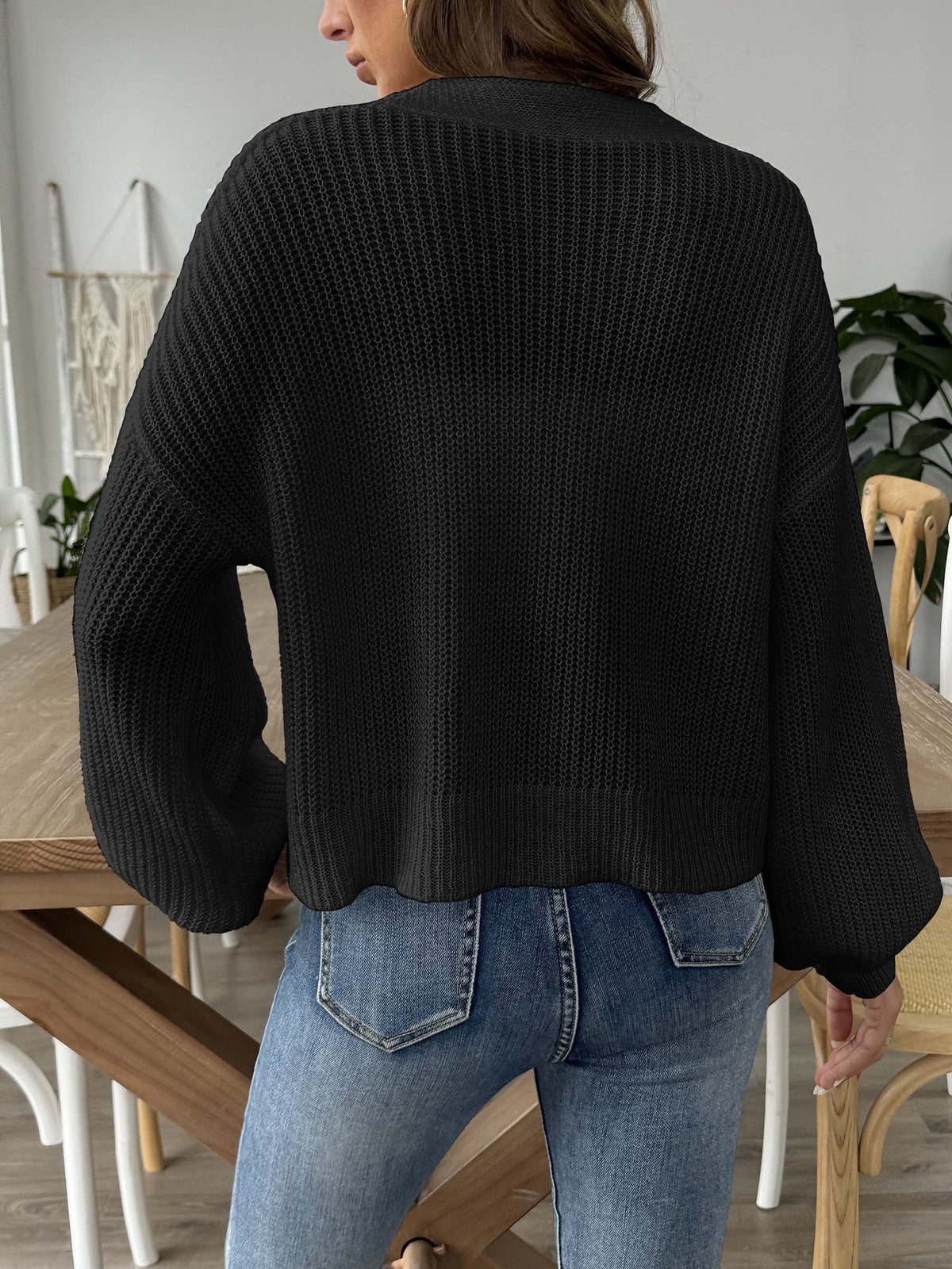 Slouchy Button Front Cropped Ribbed Cardigan - Black - 2