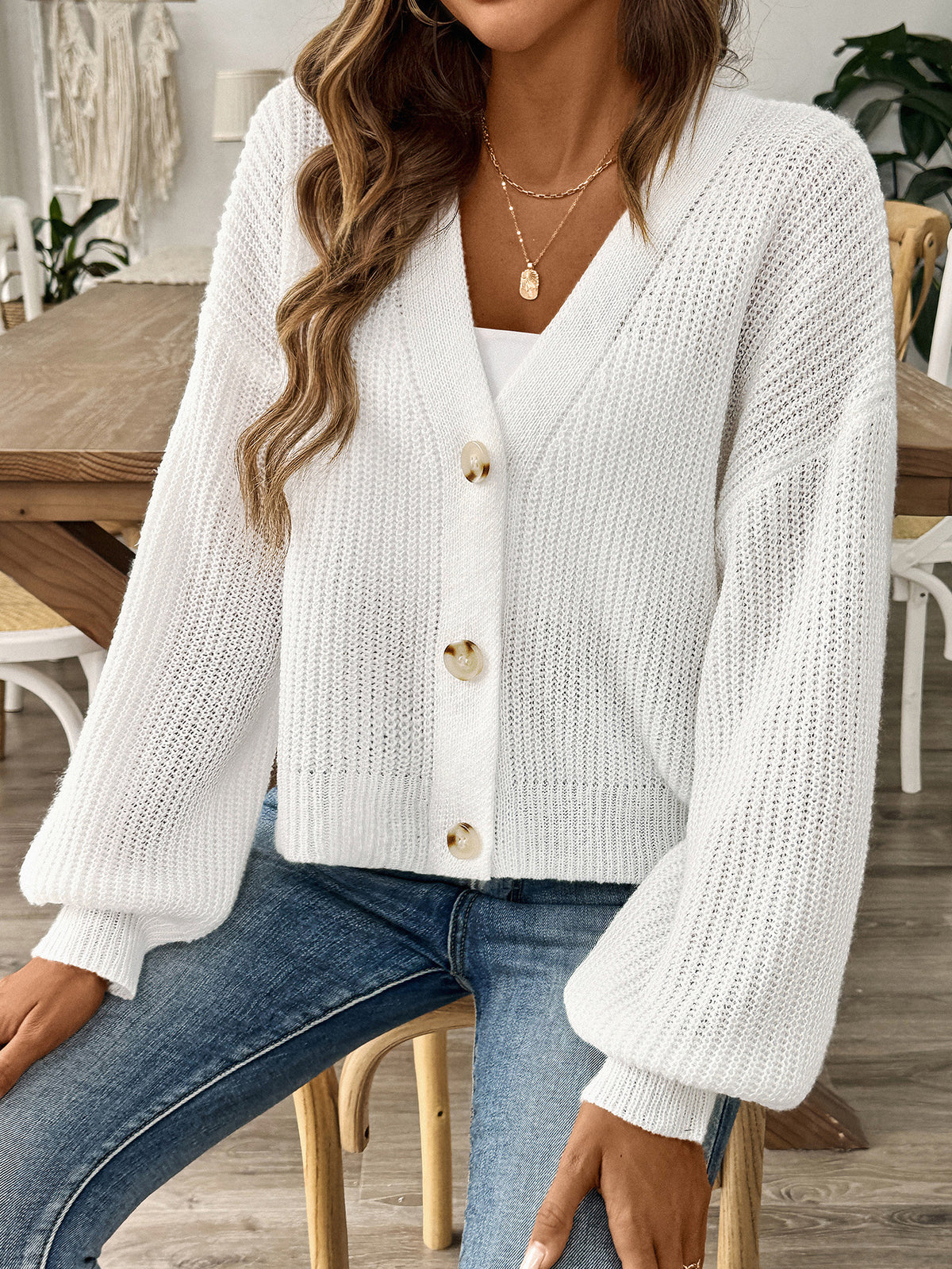Slouchy Button Front Cropped Ribbed Cardigan - White - 1