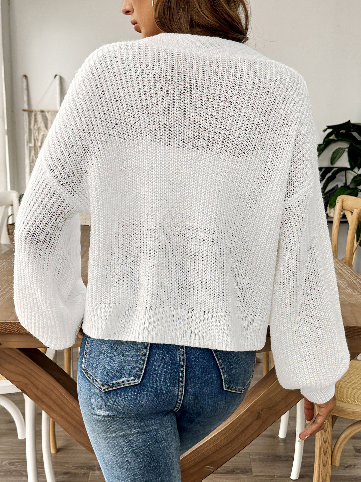 Slouchy Button Front Cropped Ribbed Cardigan - White - 4