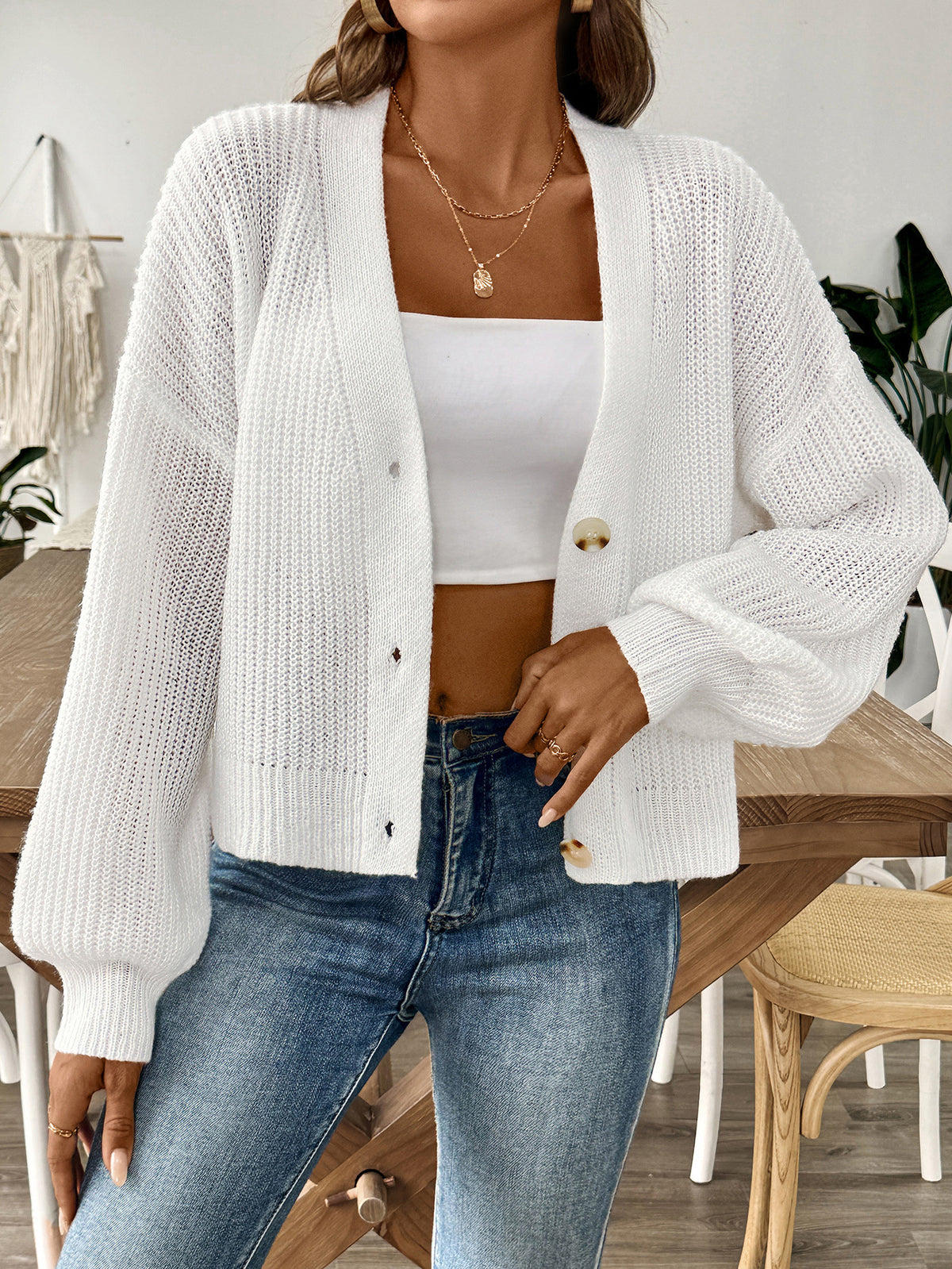 Slouchy Button Front Cropped Ribbed Cardigan - White - 5