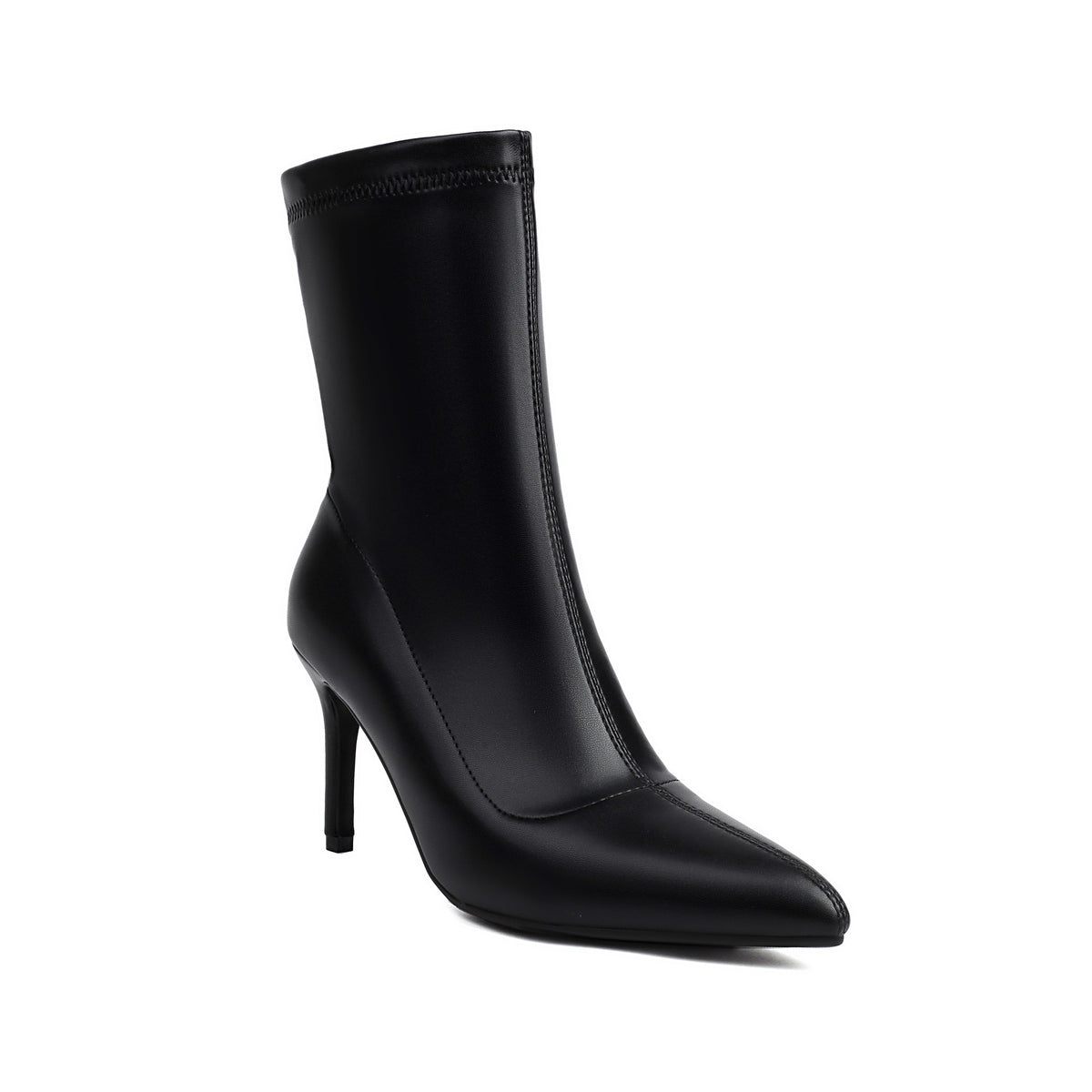 Stretch Faux Leather Stiletto Sock Booties - Black