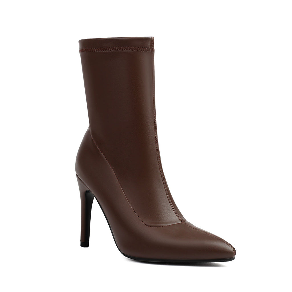 Stretch Faux Leather Stiletto Sock Booties - Brown