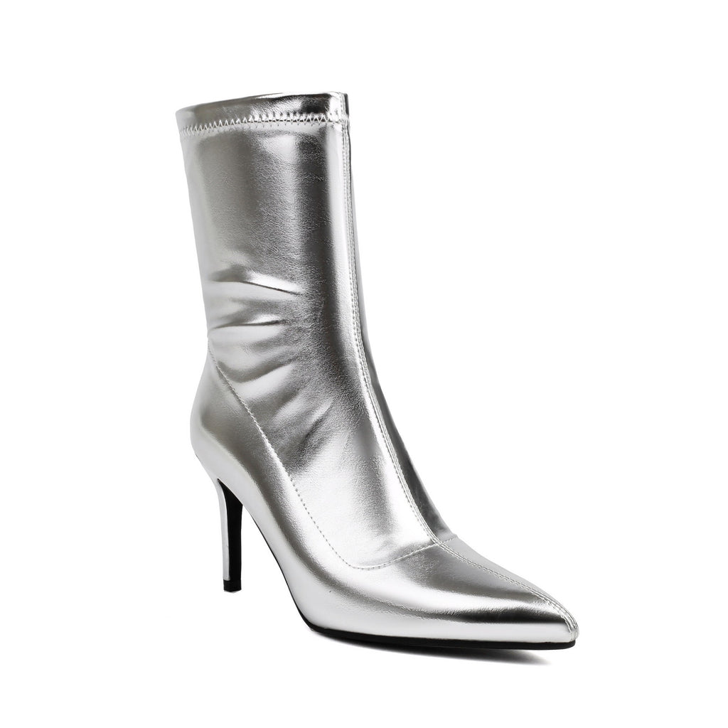 Stretch Faux Leather Stiletto Sock Booties - Silver