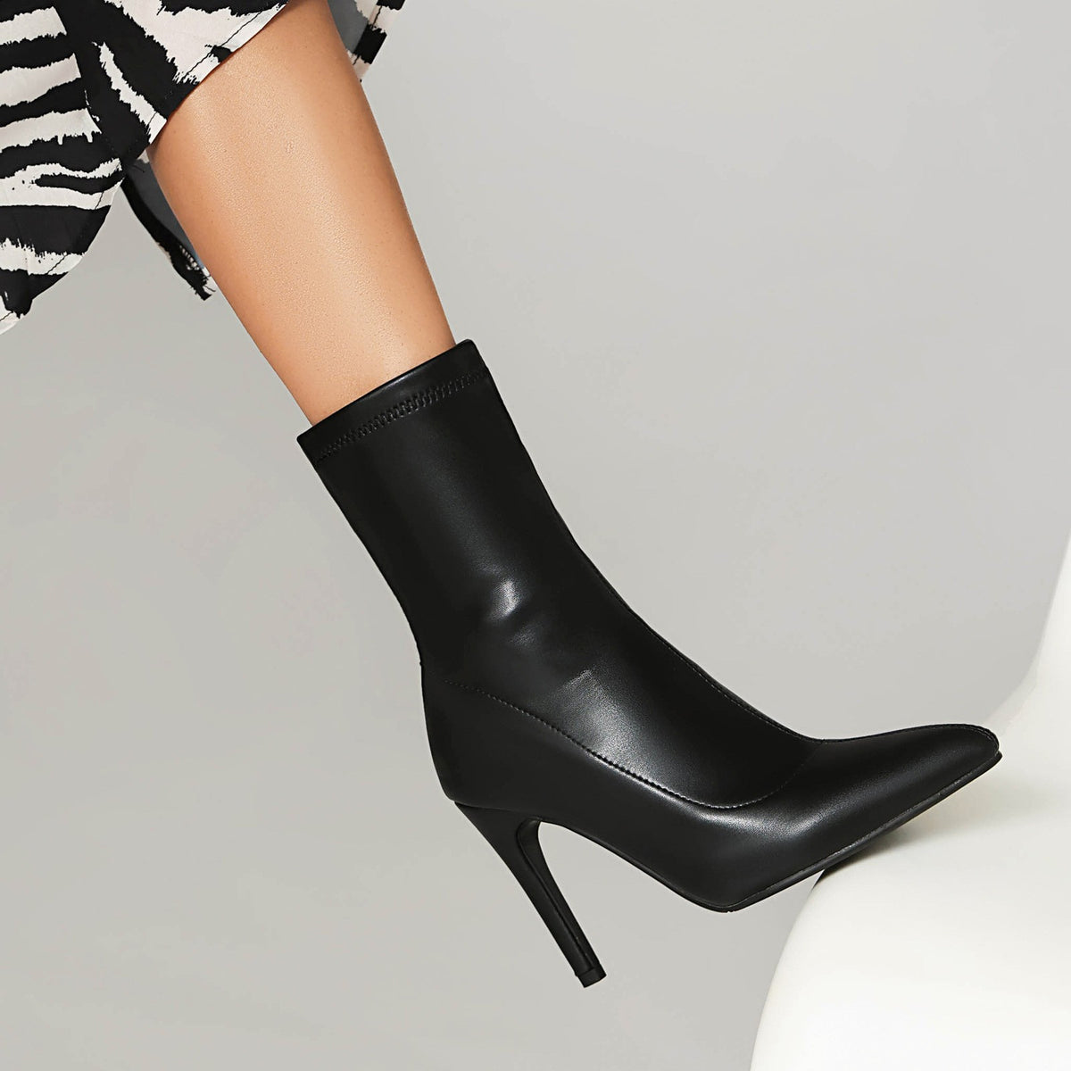Stretch Faux Leather Stiletto Sock Booties