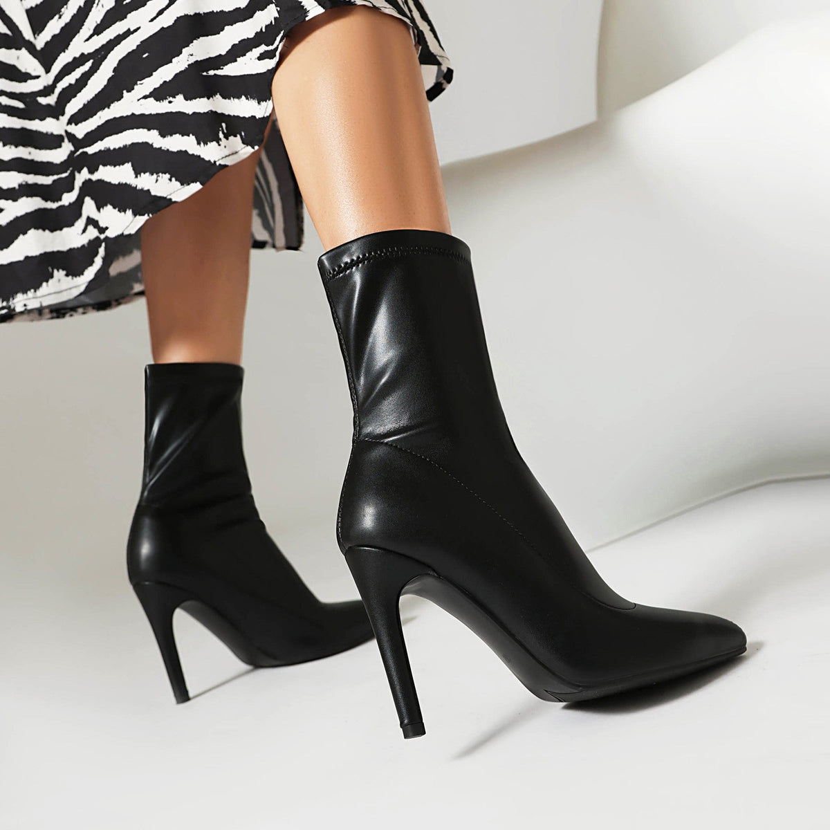 Stretch Faux Leather Stiletto Sock Booties