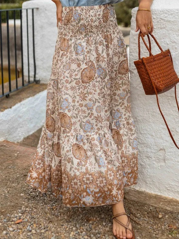 Boho Floral Paisley Tiered Maxi Skirt - Apricot