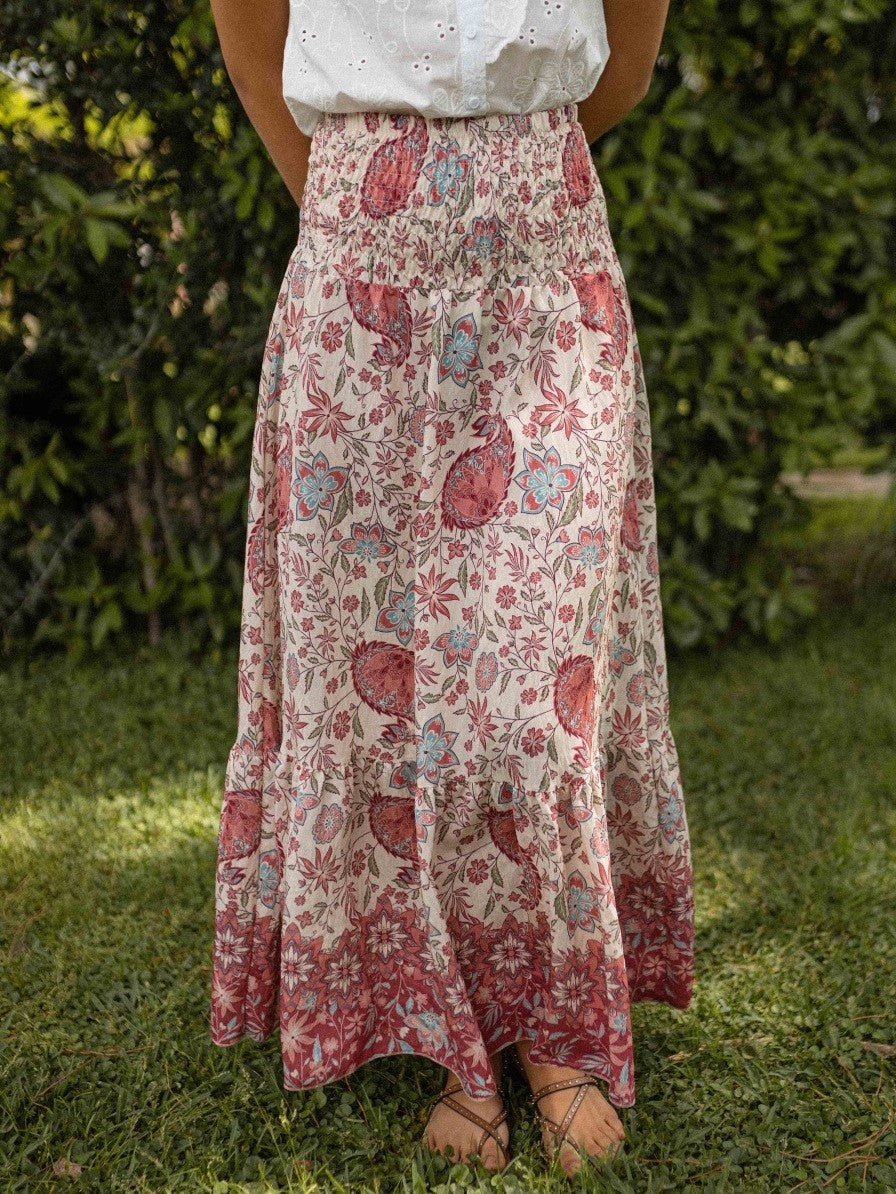Boho Floral Paisley Tiered Maxi Skirt - Red