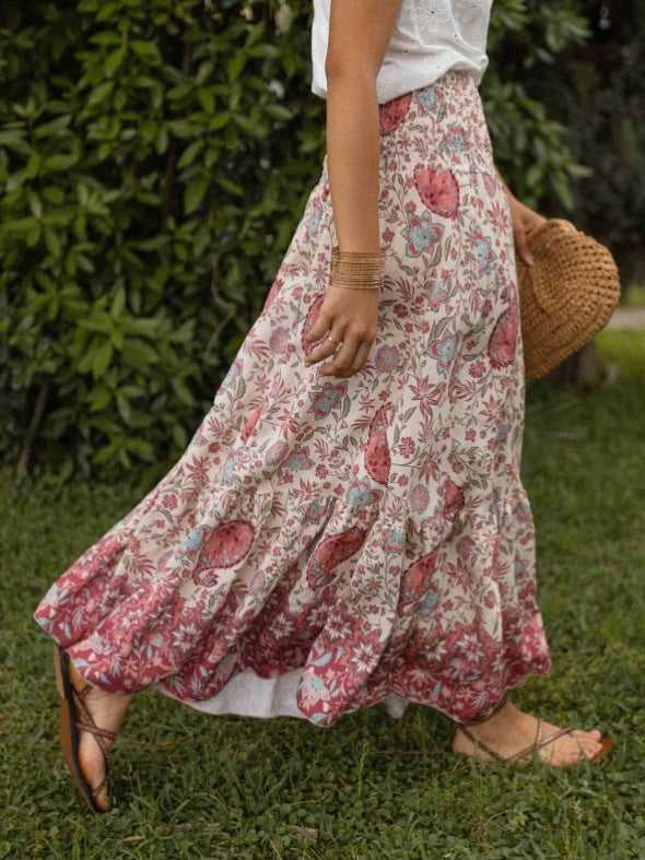 Boho Floral Paisley Tiered Maxi Skirt - Red - 1