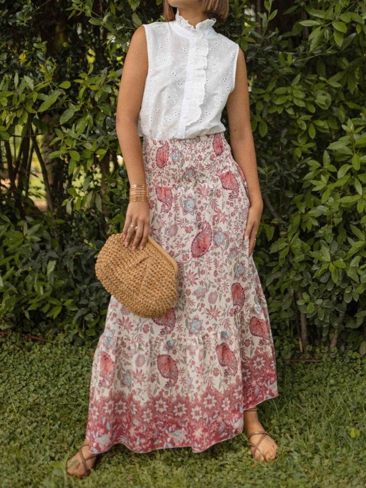 Boho Floral Paisley Tiered Maxi Skirt - Red - 2