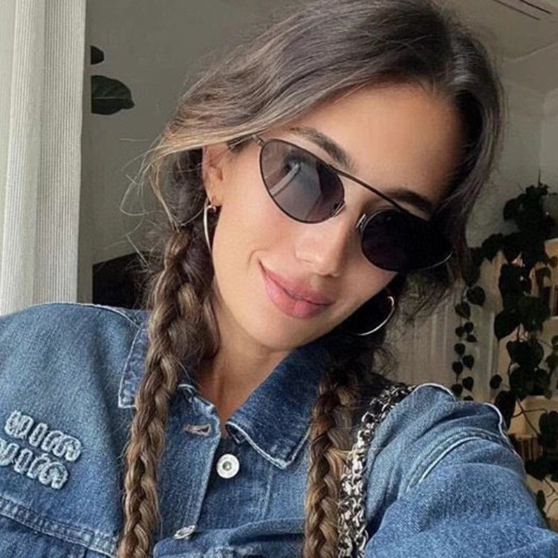 Slim Oval Cat Eye Metal Sunglasses - Black