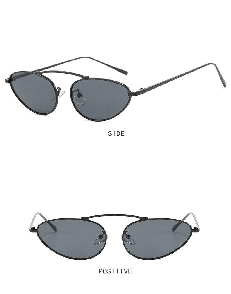 Slim Oval Cat Eye Metal Sunglasses - Black - 2