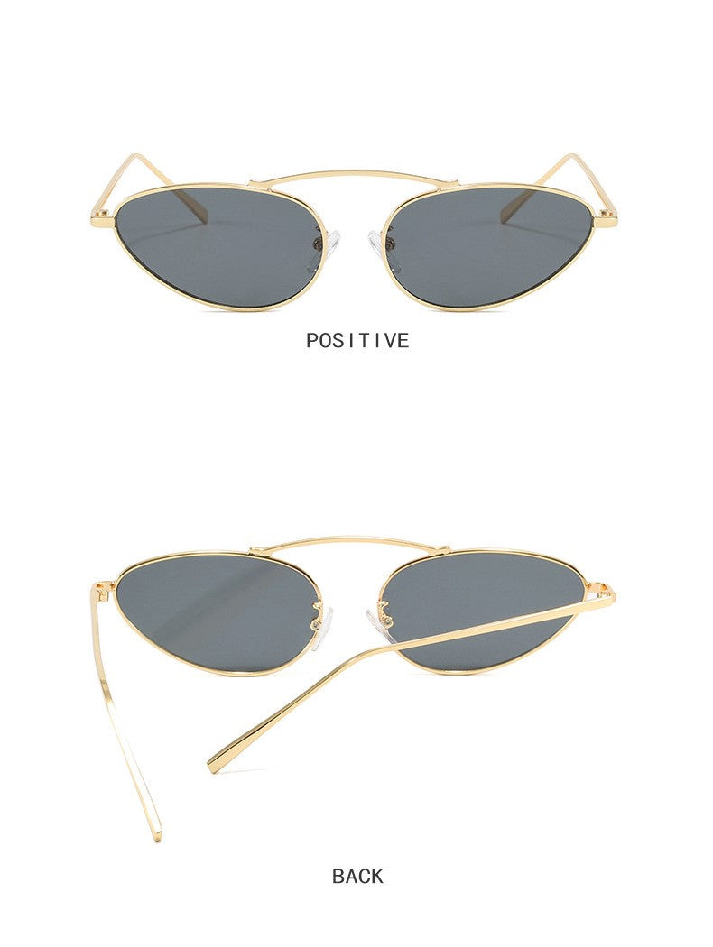 Slim Oval Cat Eye Metal Sunglasses - Golden - 1