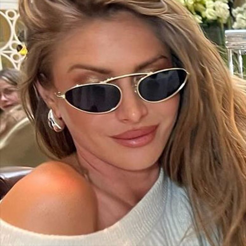 Slim Oval Cat Eye Metal Sunglasses - Golden - 2