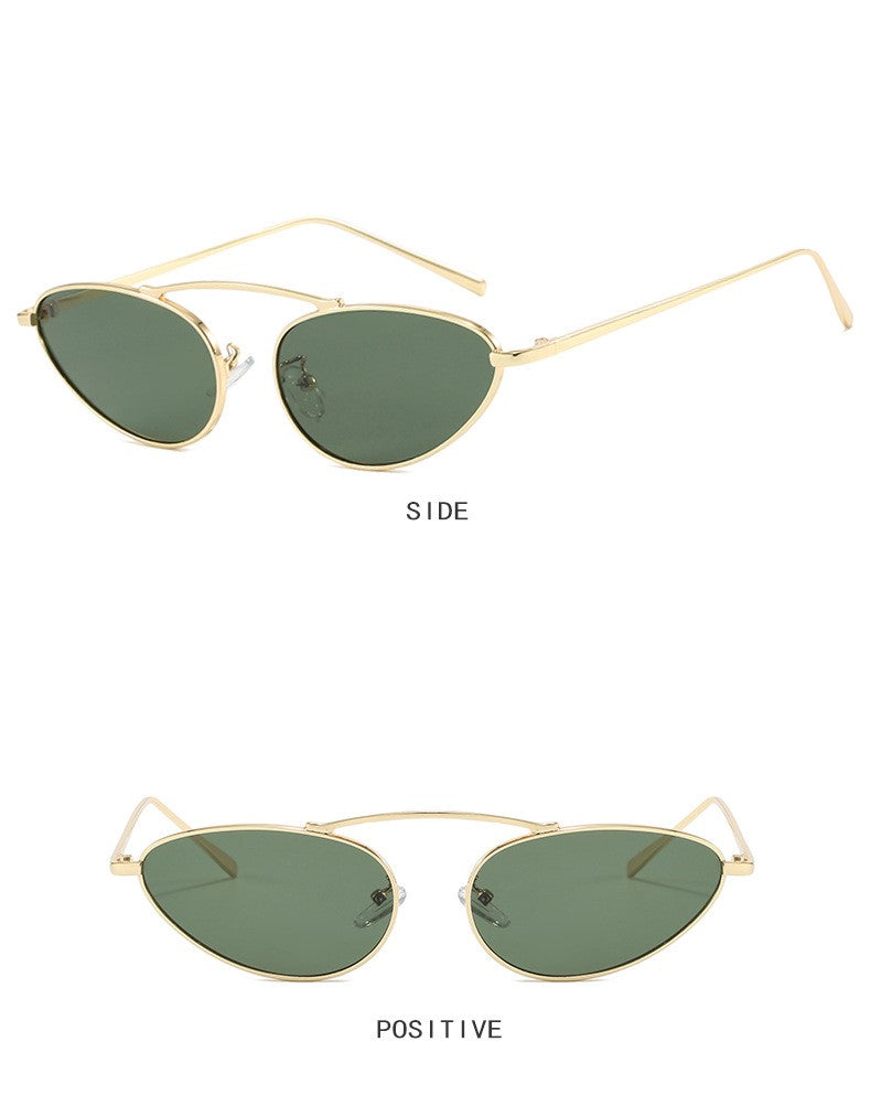 Slim Oval Cat Eye Metal Sunglasses - Green - 1