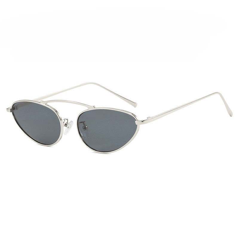 Slim Oval Cat Eye Metal Sunglasses - Silver