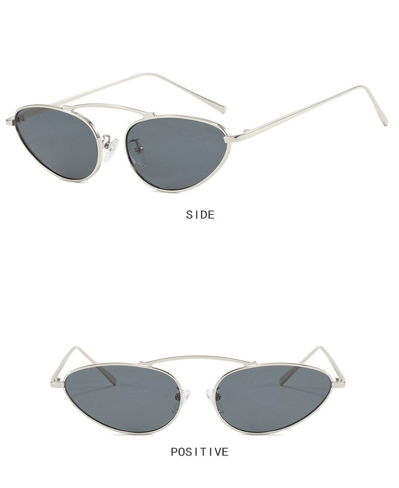 Slim Oval Cat Eye Metal Sunglasses - Silver - 3