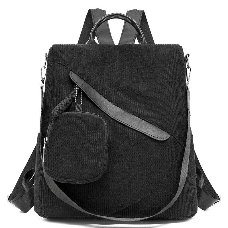 Corduroy Convertible Backpack With Mini Pouch - Black