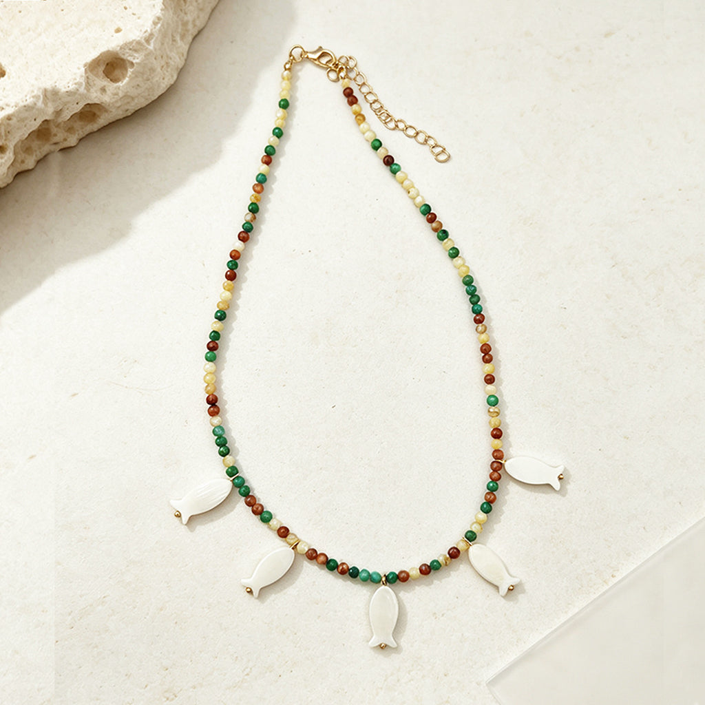 Seed Bead Necklace With Shell Fish Charms - Color_01