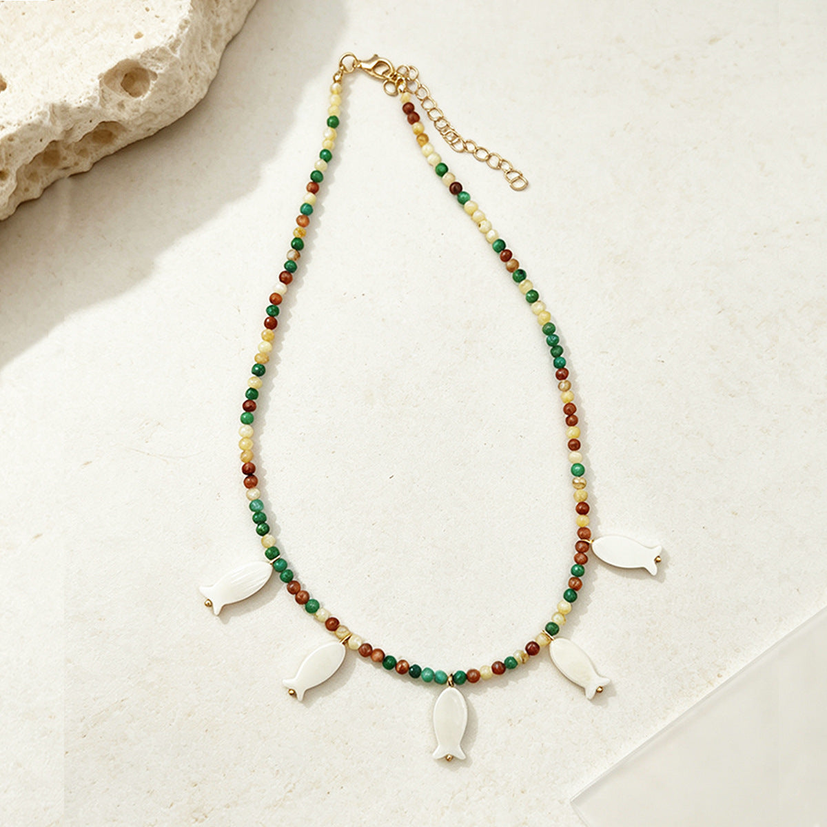 Seed Bead Necklace With Shell Fish Charms - Color_01