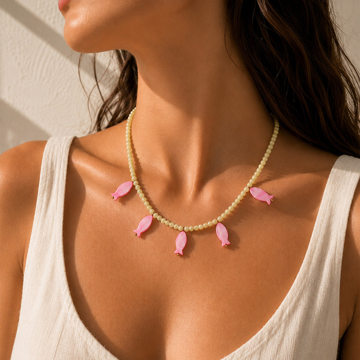 Seed Bead Necklace With Shell Fish Charms - Color_05 - 1