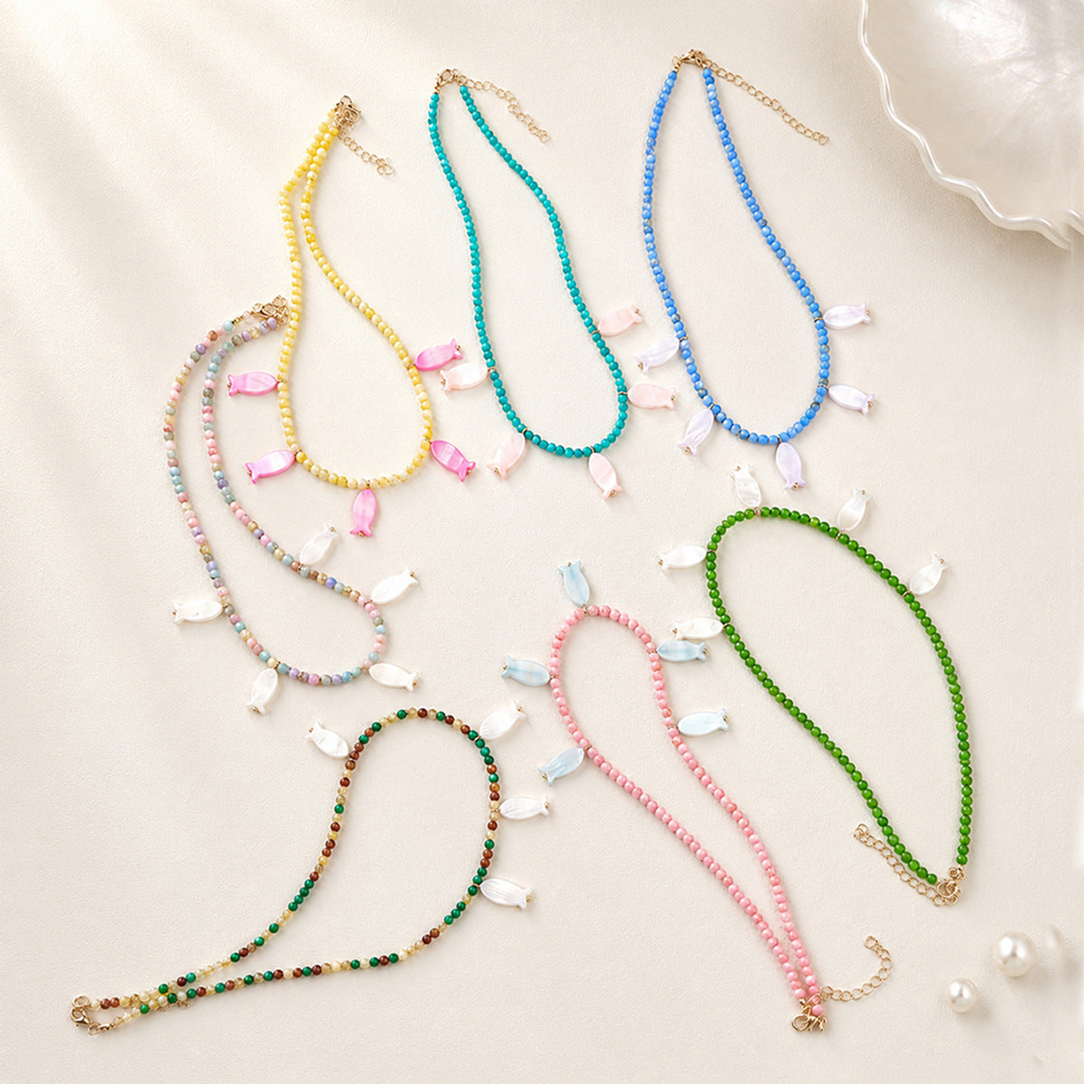 Seed Bead Necklace With Shell Fish Charms