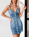 Button Front Denim Mini Slip Dress - Blue